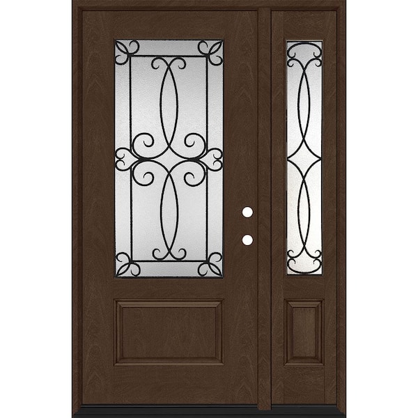 Regency 53 in. x 80 in. 3/4-Lite Georgian Decorative Glass LHIS Hickory Mahogany Fiberglass Prehung Front Door 14 in. SL