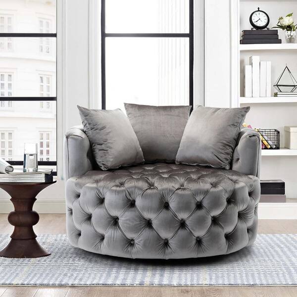 Silver Gray Velvet Swivel Tufted Accent Barrel Chair