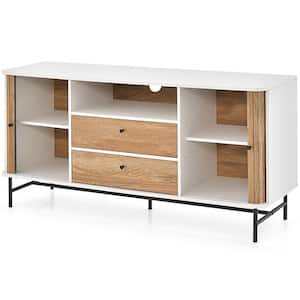 White Wood 59 in. Mid Century Modern Buffet Sideboard with Sliding Tambour Doors and 2 Storage Drawers