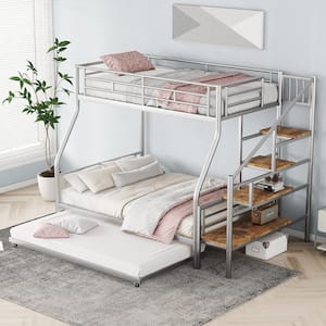 Silver Twin over Full Metal Bunk Bed with Twin Size Trundle, Storage Staircase