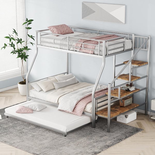 Harper & Bright Designs Silver Twin over Full Metal Bunk Bed with Twin Size Trundle, Storage Staircase