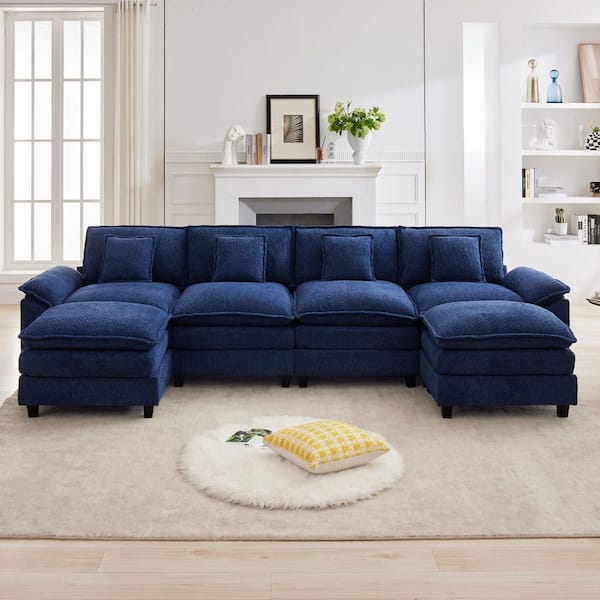 Navy 136.6 in. Chenille Fabric 6 Seat Pillow Top Arm U-Shaped Sectional Sofa with 2 Ottomans for Living Room