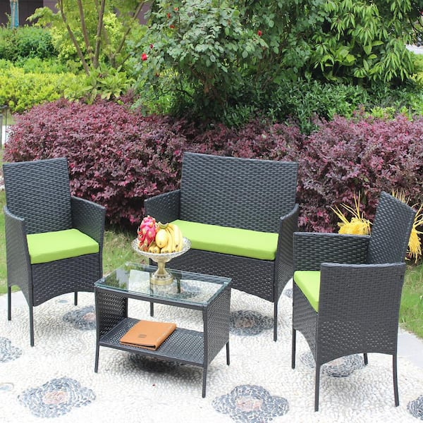 JimsMaison 4-Piece Wicker Patio Conversation Set with Green Cushions