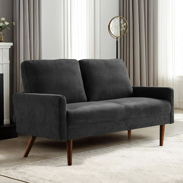 Angles 56 in. Wide Square Arm Velvet Modern Rectangle Standard Standard Loveseat in Black