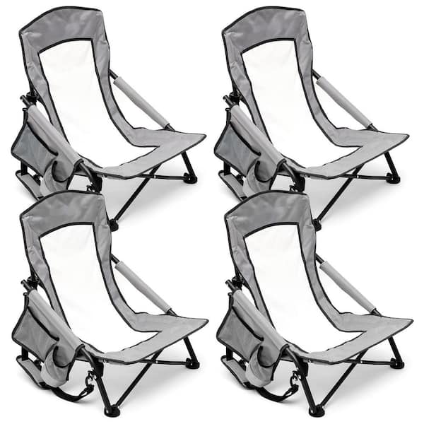 Mondawe 4-Piece Gray Metal Patio Folding Beach Chair Lawn Chair Camping Chair with Side Pockets and Built-in Shoulder Strap