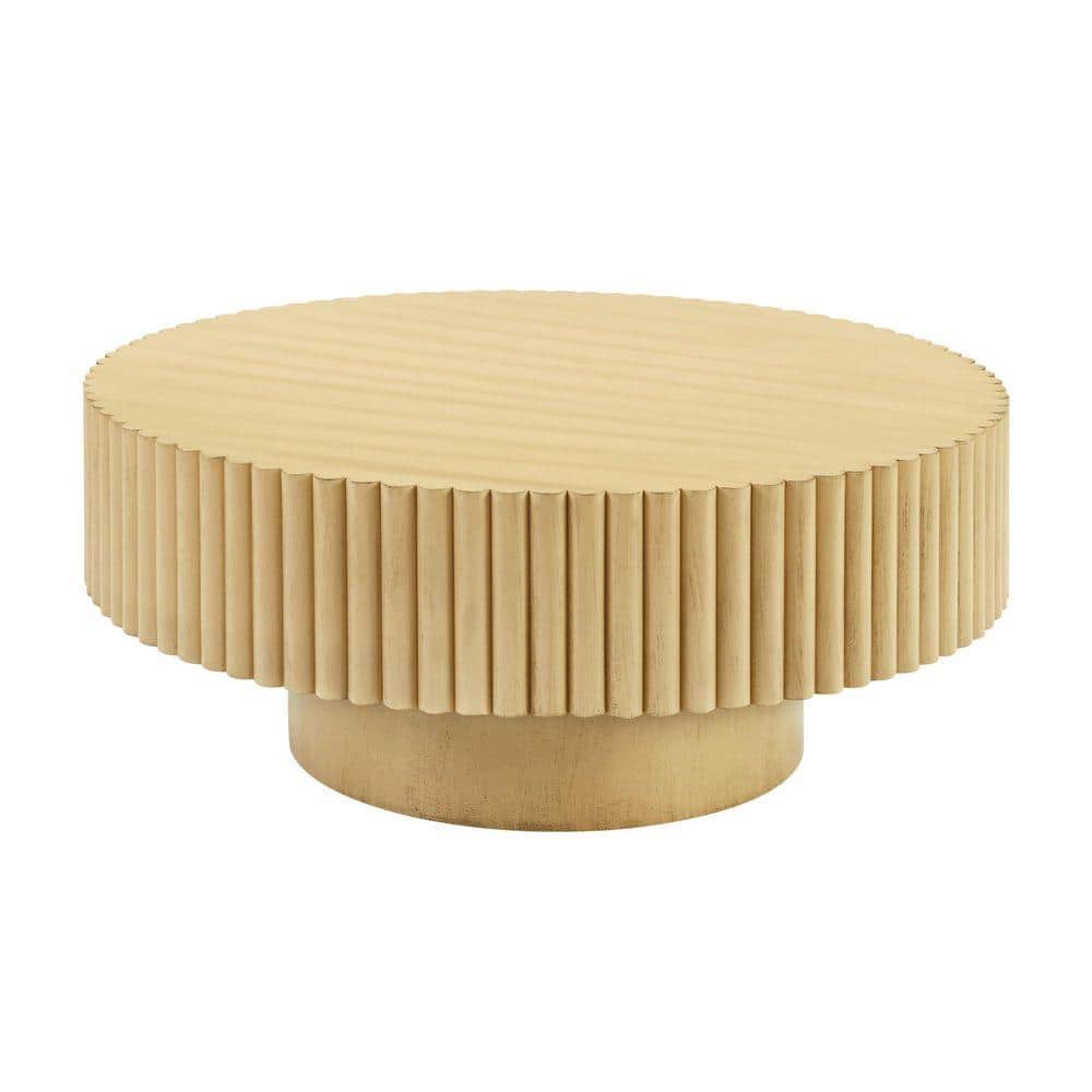 32 in. Natural Round Wood Coffee Table, Fluted Drum Tea Table