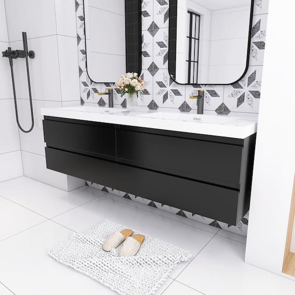 Staykiwi 70.87 in. W x 19.69 in. D x 22.44 in. H Double Sink Wall-mounted Bath Vanity in Black with White Cultured Marble Top
