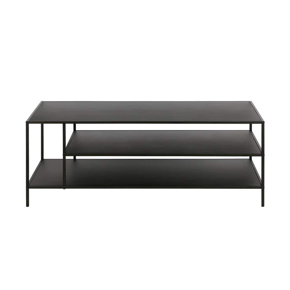 Modern Rectangular 46'' Metal Coffee Table with Glass Shelves in Blackened Bronze