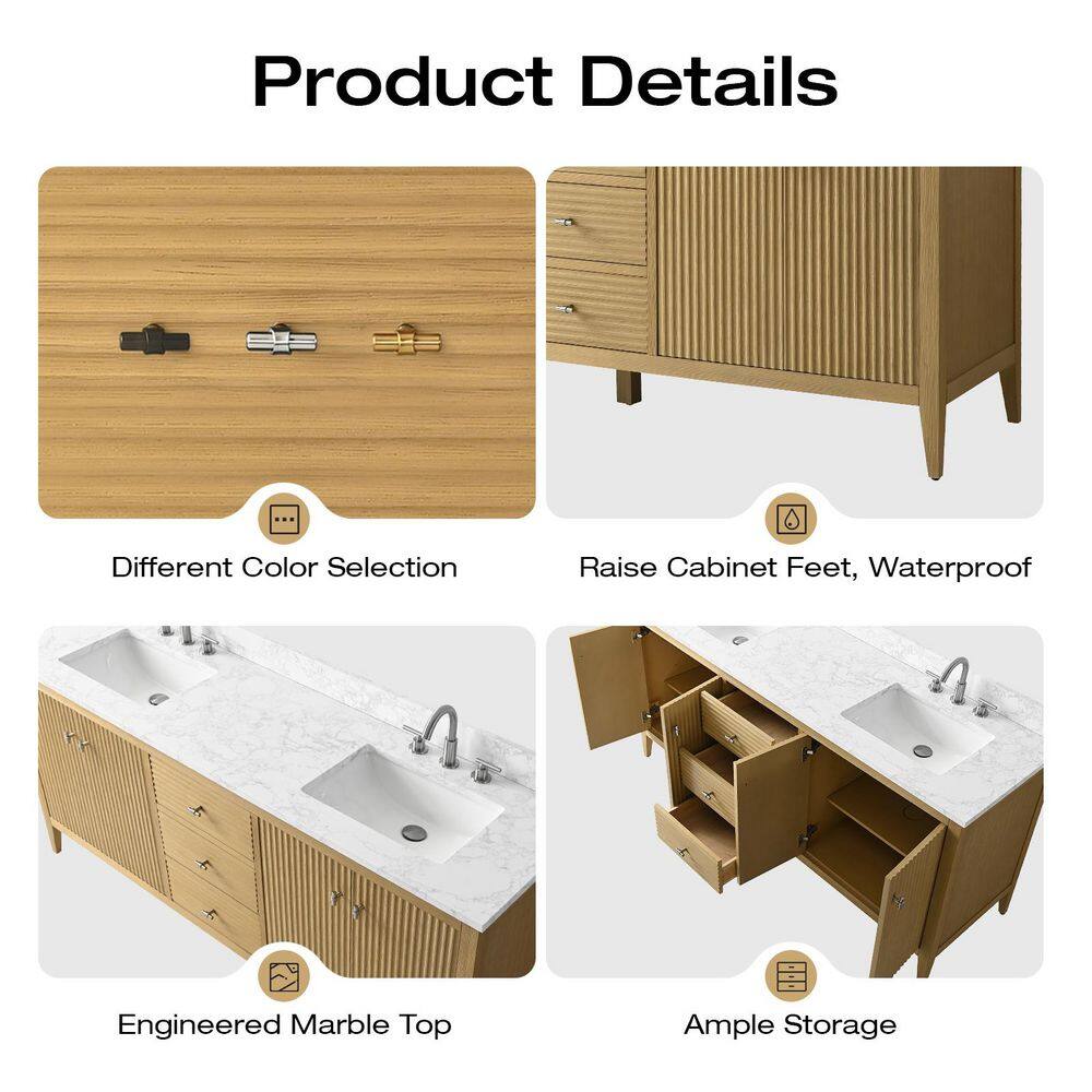 72" Natural Oak Double Sink Vanity with Marble Top