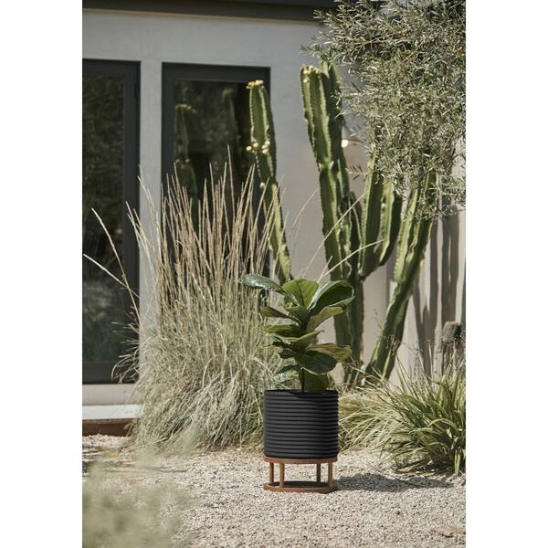 Veradek Mod Medium Black Plastic Planter with Brown Stand and
