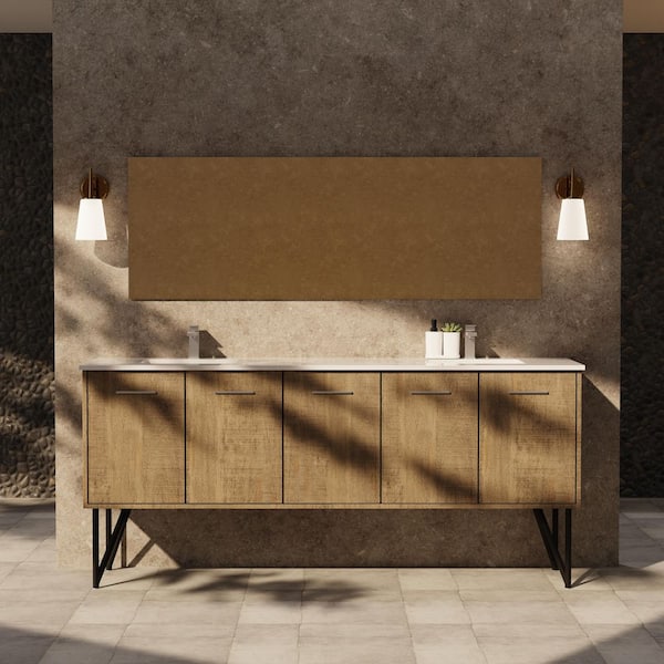 Lancy 80 in W x 20 in D Rustic Acacia Double Bath Vanity, White Quartz Top and Gun Metal Faucet Set
