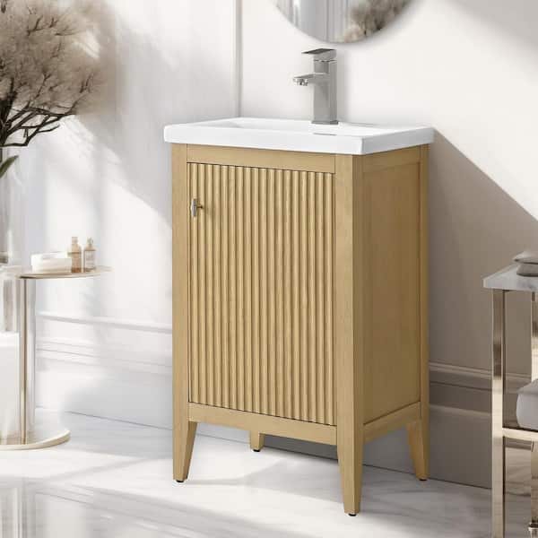 20 in. W x 15.7 in D x 34 in. H Single Sink Bath Vanity Cabinet in Linear Natural Oak with White Ceramic Top