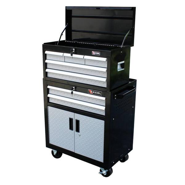 Excel 26.7 in. W x 17.1 in. D x 43.9 in. 7- Drawer 26 in. Chest and Cabinet, Black with Diamond Plate Drawer Fronts, Each