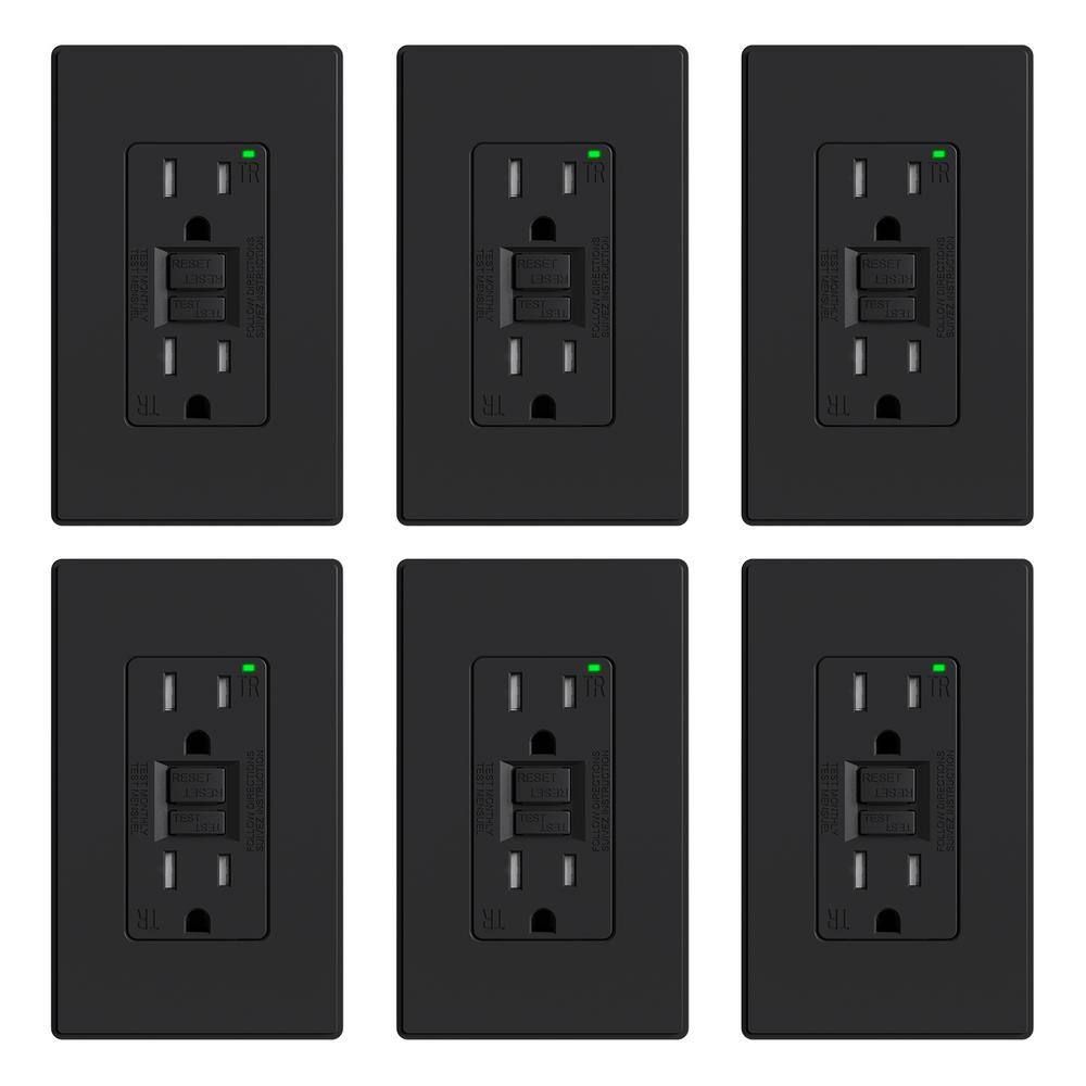 Matte Black 15 Amp GFCI Outlet with Wall Plate, 6 Pack
