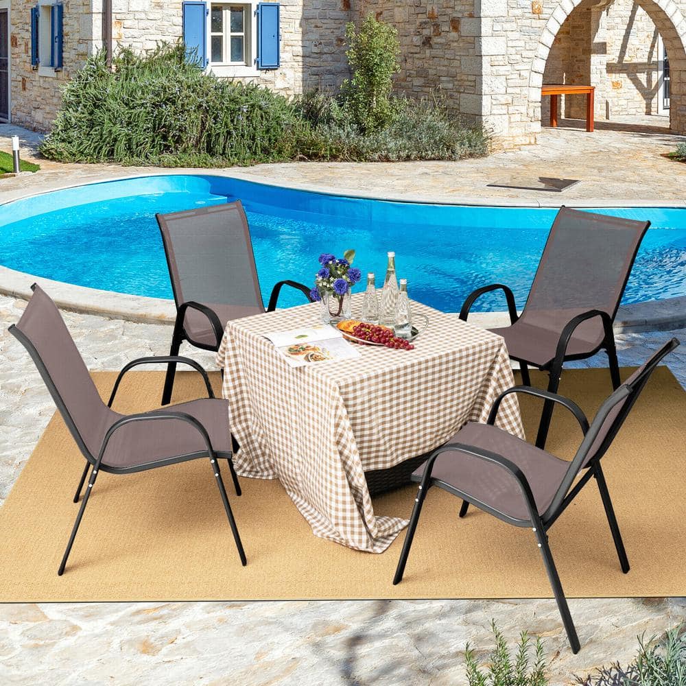 Brown Stackable Patio Dining Chairs with Curved Armrests