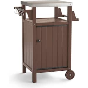 Brown Grill Cart Kitchen Island Cart Grill Table for BBQ, Patio Cabinet with Wheels, Hooks and Side Shelf