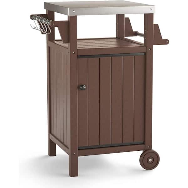 Runesay Brown Grill Cart Kitchen Island Cart Grill Table for BBQ, Patio Cabinet with Wheels, Hooks and Side Shelf