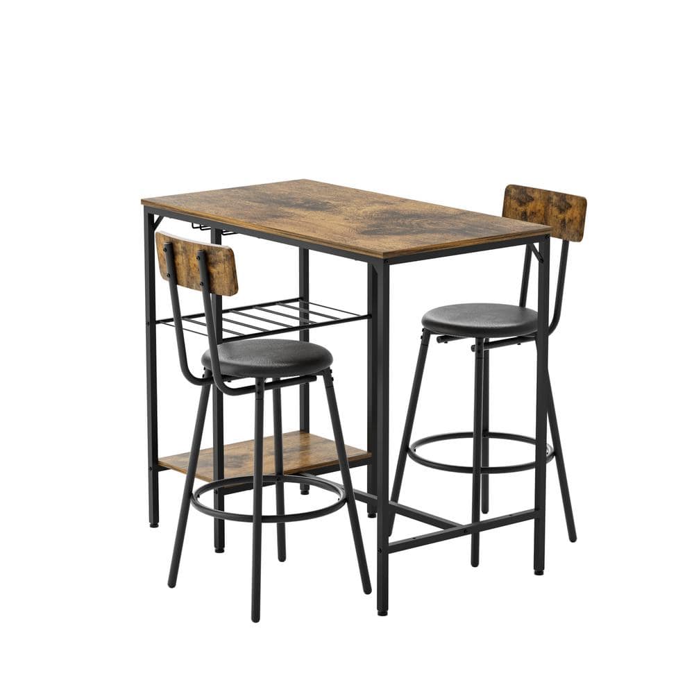 3-Piece Wood Outdoor Dining Set, Bar Table and Chairs Set, 2-Bar Stools ...