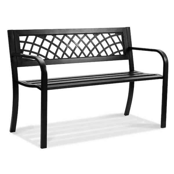 46 in. Metal Black Outdoor Patio Bench with Backrest and Armrests for Garden, Park, Yard, Front Porch