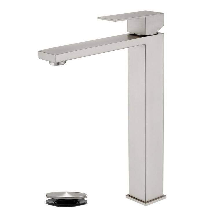 Single Handle Vessel Sink Faucet with Pop-Up Drain, Modern Tall Single Hole Bathroom Sink Faucet in Brushed Nickel