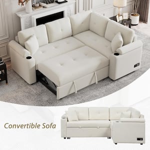 87.4 in. Beige Velvet Sleeper 3-Seat L-Shaped Full Size Reversible Sectional Sofa Bed with Chaise