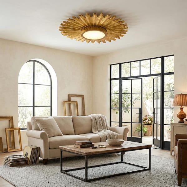 21.65 in. 16-Watt Integrated LED Gilt Wood Sunburst Flush Mount Ceiling Light Fixture