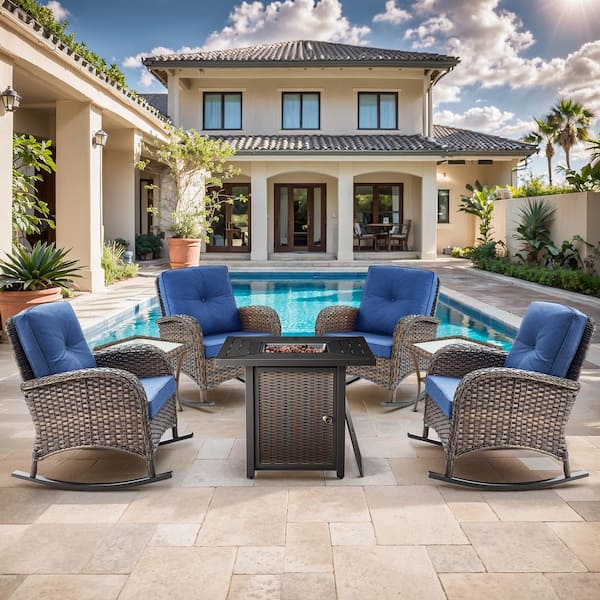 Brown 7-Piece Wicker Patio Fire Pit Set, Outdoor 4-Person Seating Set with Olefin Navy Blue Cushions and Rocking Chairs