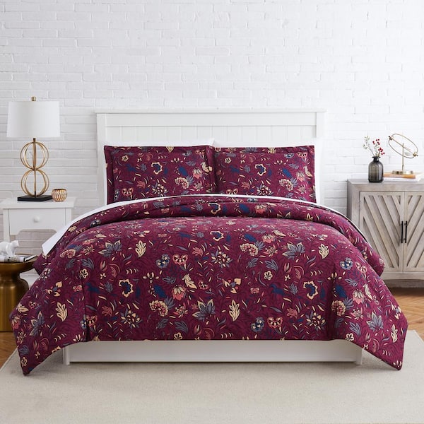 SOUTHSHORE FINE LINENS Blooming Blossoms 3-Piece Red Full/Queen Microfiber Duvet Cover Set