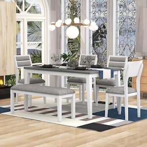 6-Piece White & Gray Dining Set with Upholstered Chairs and Bench