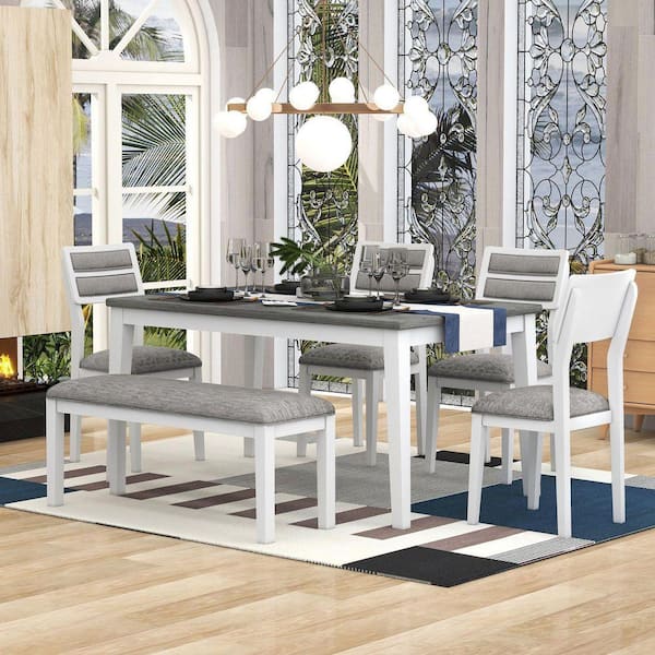 6-Piece White & Gray Dining Set with Upholstered Chairs and Bench