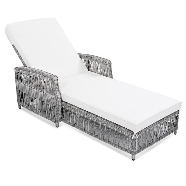 Sudzendf Gray Wicker Outdoor Chaise Lounge with Armrests and Beige Soft Removable Cushions for Poolside