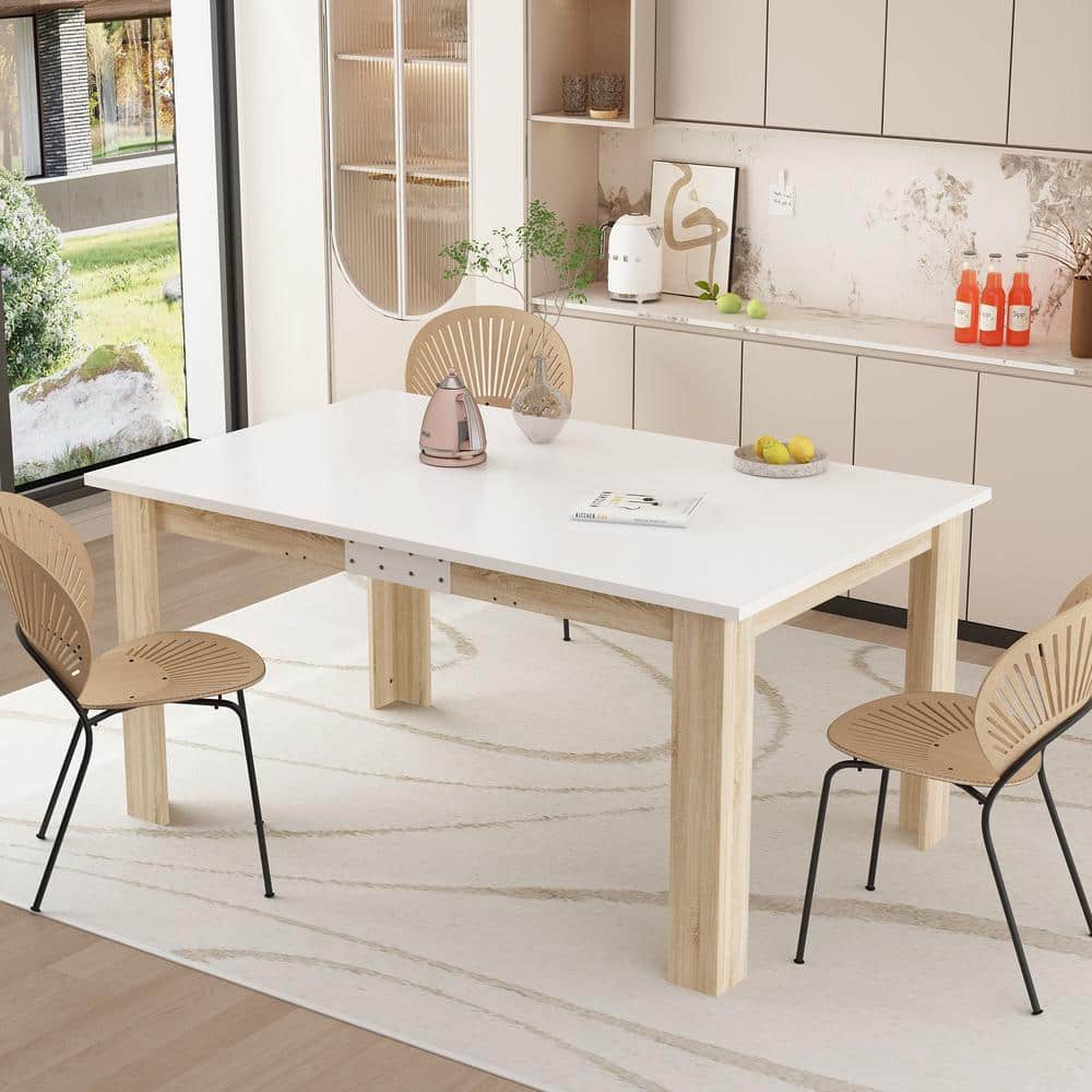 FUFU&GAGA White and Wood Grain Wooden 60.2-77.2 in. W 4 Legs