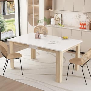 White and Wood Grain Wooden 60.2-77.2 in. W 4 Legs, Collapsible Top Dining Table, Meeting Table 6 Seat