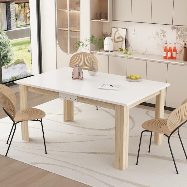 FUFU&GAGA White and Wood Grain Wooden 60.2-77.2 in. W 4 Legs, Collapsible Top Dining Table, Meeting Table 6 Seat