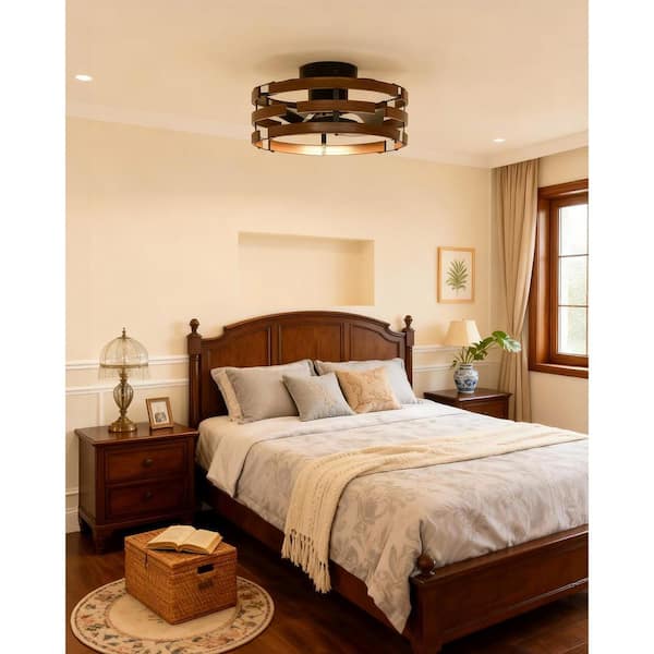 Vortix 20 in. Dark Walnut Iron Cage Flush mount Ceiling Fan with 3CCT Dimmable Light, Reversible Quiet DC Motor