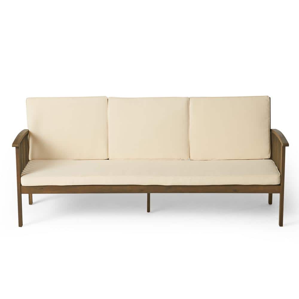 Heavy-Duty Acacia Wood 3-Seater Outdoor Couch with Water-Resistant Beige Cu