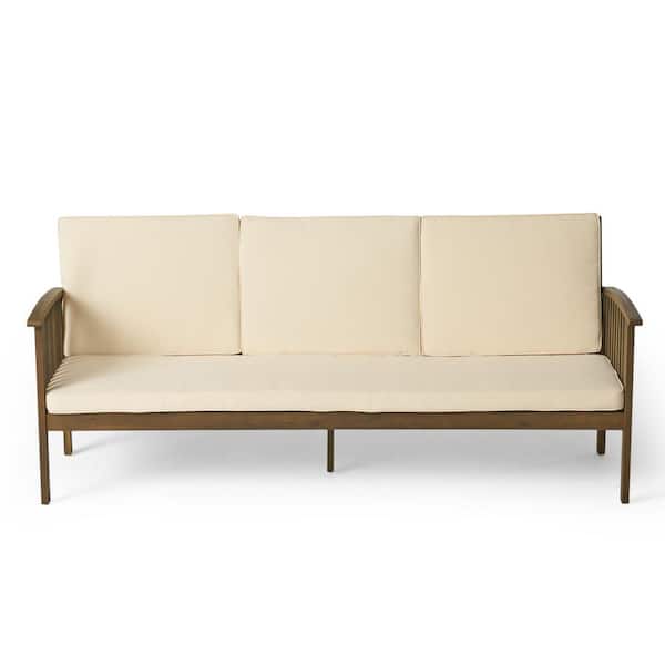 Unbranded Heavy-Duty Acacia Wood 3-Seater Outdoor Couch with Water-Resistant Beige Cushions and Weather Resistant for Outdoor Use