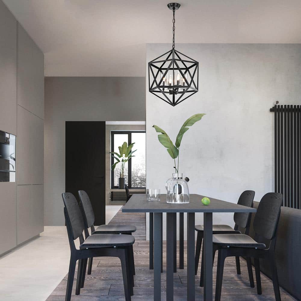 Antique Black Geometric Cage Chandelier with Glass Shades