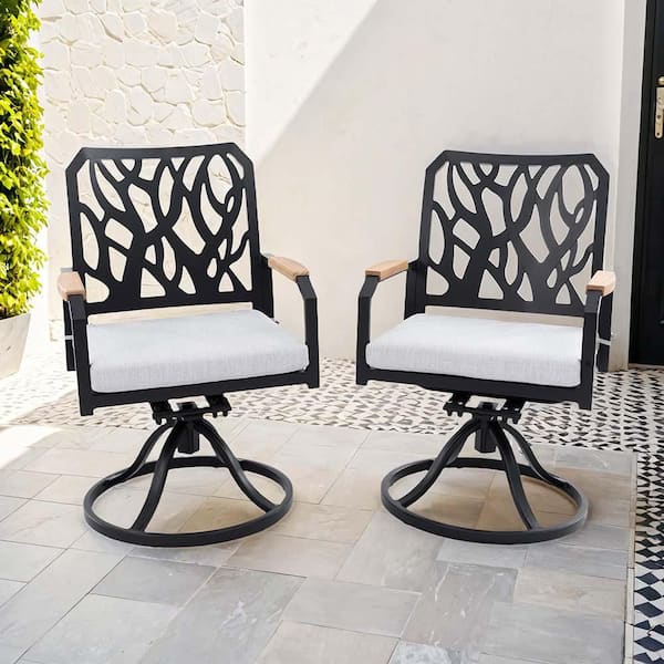 2-Piece Modern Aluminium Outdoor Dining Swivel Rockers with Branch-Like Backrest and Sunbrella Cast Silver Cushions