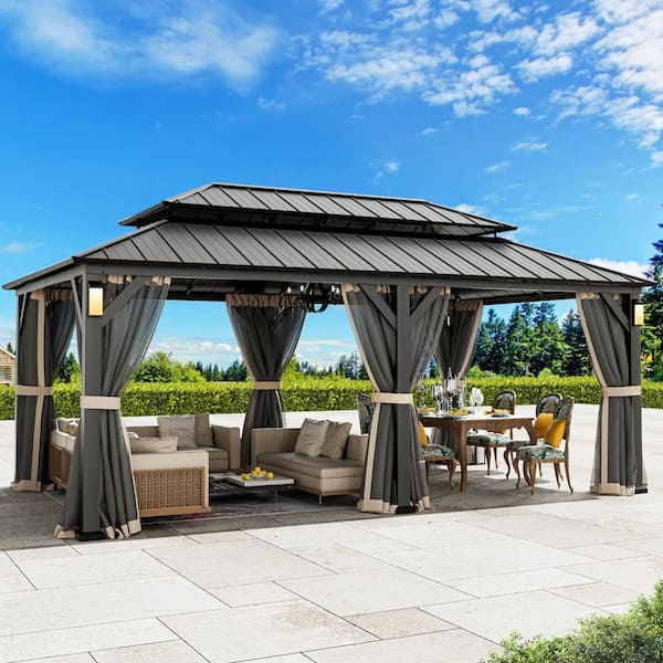 Ultra Series 12 ft. x 20 ft. Permanent Hardtop Gazebo With Solar LED Lights, Mosquito Nettings, Black
