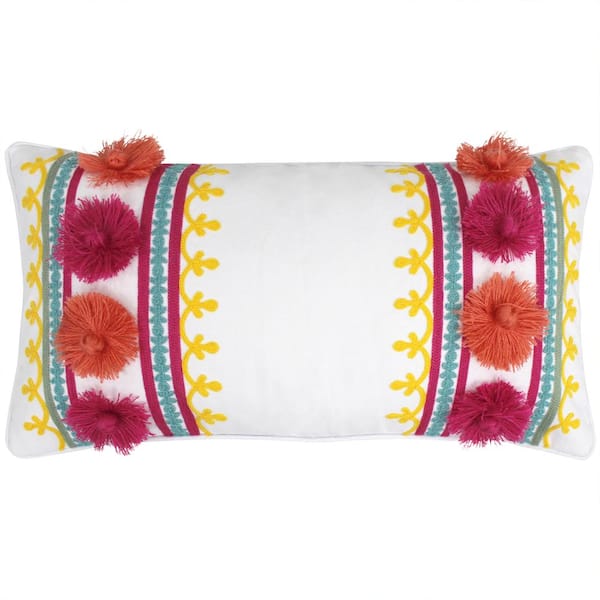 LEVTEX HOME Leora Multicolor Embroidery and Pom Poms 12 in. x 24 in. Throw Pillow