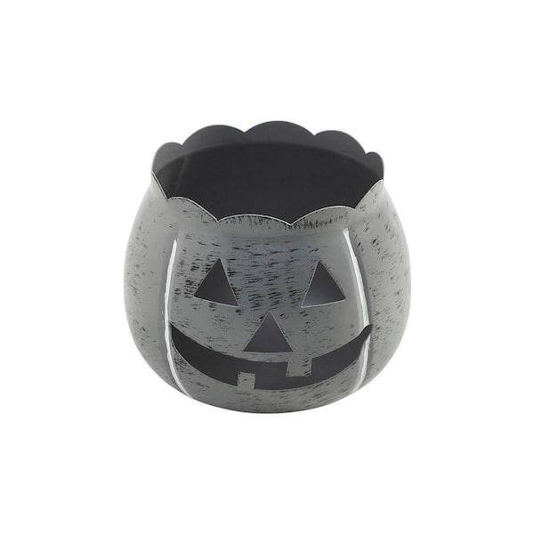 VHC BRANDS 4.25 in. Antique Grey Jack-O-Lantern Halloween Candle Holder