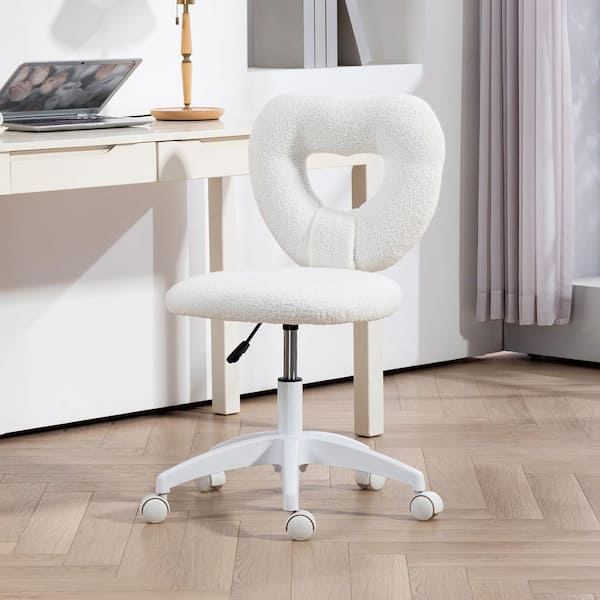 Teddy Fleece Heart Makeup Vanity Polyester Swivel Executive Chair in White