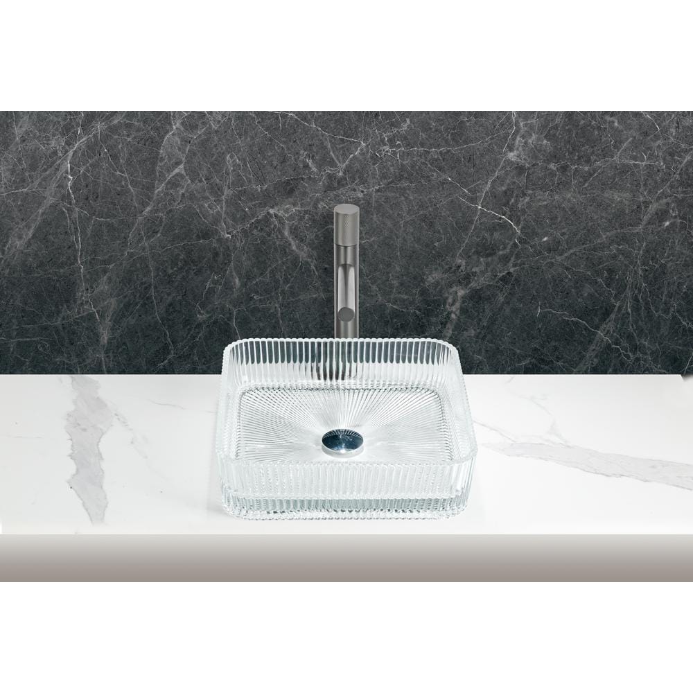 Clear Tempered Glass Square Vessel Bathroom Sink, 15 inches