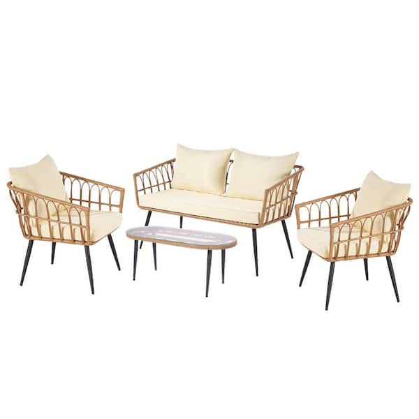 GAWEZA 4-Piece PE Rattan Wicker Patio Conversation Set with Beige Cushions