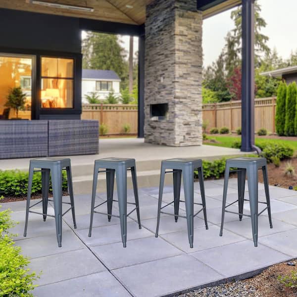 30 in. Gunmetal Metal, Backless, Zinc Plated, Outdoor Use Bar Stool (Set of 4)
