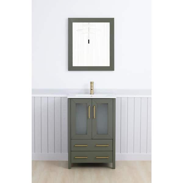 24 in. W x 18.1 in. D x 35.8 in. H Single Basin Vintage Green Bath Vanity with White Ceramic Top and Mirror