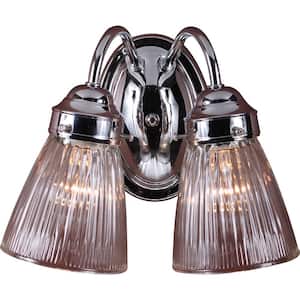 2-Light Indoor Chrome Bath or Vanity Light Wall Mount or Wall Sconce with Clear Ribbed Glass Bell Shades
