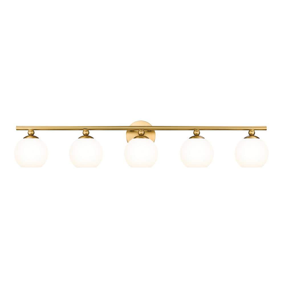 Neoma 38.25 in. 5-Light Modern Gold Vanity Light with Opal Etched Glass Sha