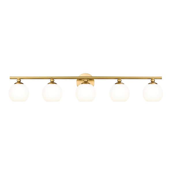 Unbranded Neoma 38.25 in. 5-Light Modern Gold Vanity Light with Opal Etched Glass Shade with No Bulbs Included